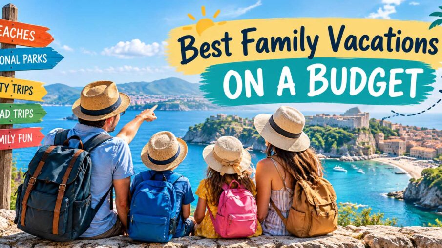 Family enjoying an affordable beach vacation, representing the best family vacations on a budget.
